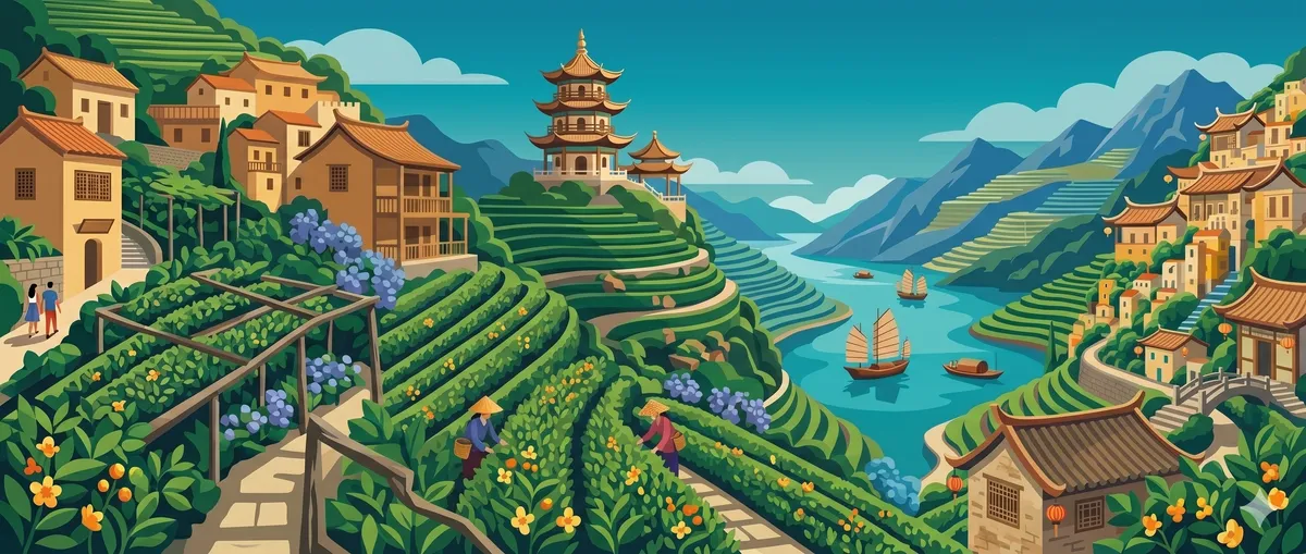 Tea fields and trade routes across Asia